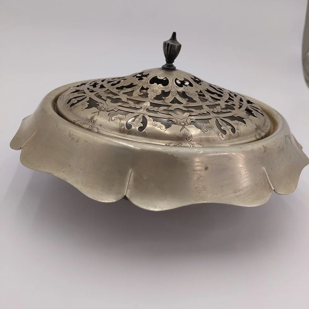 Vtg Silver Plate Dish Flower Frog Floral Potpourri 2455 Victorian Ornate Style‎